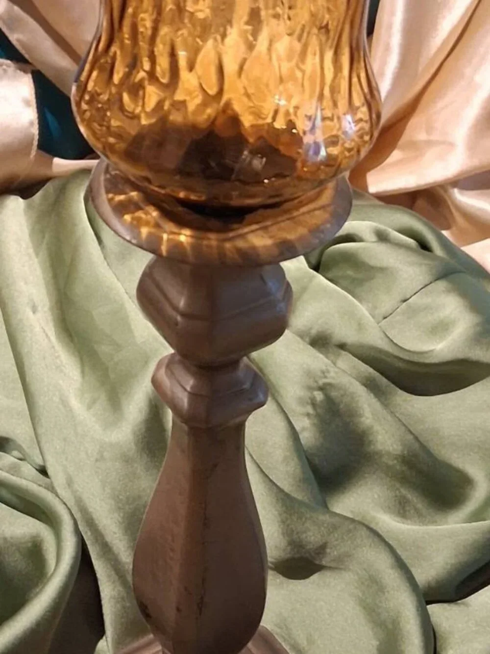 Vintage Brass & Amber Optic Glass Hurricane Candle Holder / Votive Lamp 1970s